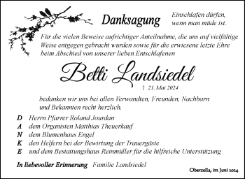 Traueranzeige von Betti Landsiedel von Südthüringer Presse