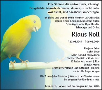 Traueranzeige von Klaus Noll von Südthüringer Presse