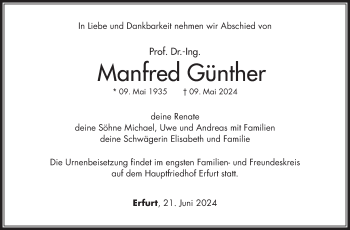 Traueranzeige von Manfred Günther von Südthüringer Presse