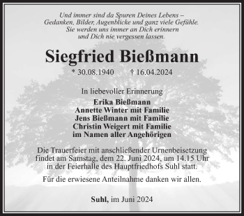 Traueranzeige von Siegfried Bießmann von Südthüringer Presse