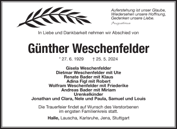 Traueranzeige von Günther Weschenfelder von Südthüringer Presse