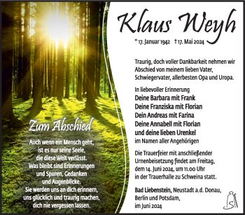 Traueranzeige von Klaus Weyh von Südthüringer Presse