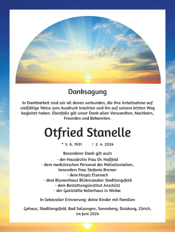 Traueranzeige von Otfried Stanelle von Südthüringer Presse