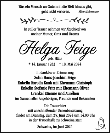 Traueranzeige von Helga Feige von Südthüringer Presse