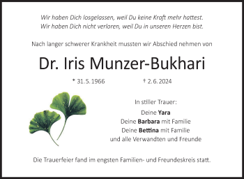 Traueranzeige von Iris Munzer-Bukhari von Neue Presse Coburg