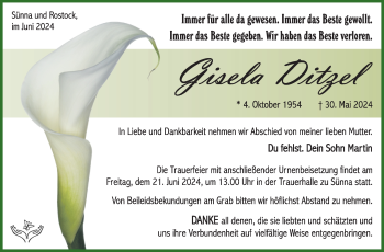 Traueranzeige von Gisela Ditzel von Südthüringer Presse