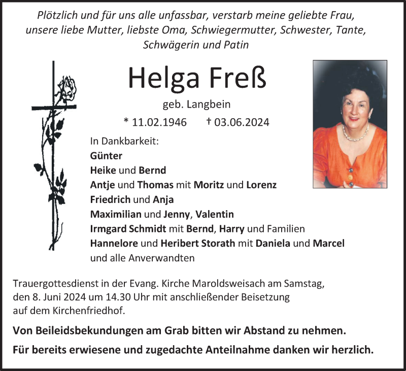  Traueranzeige für Helga Freß vom 06.06.2024 aus Neue Presse Coburg