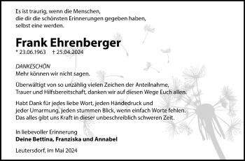 Traueranzeige von Frank Ehrenberger von Südthüringer Presse