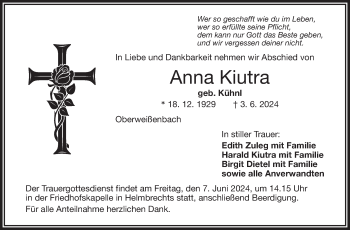 Traueranzeige von Anna Kiutra von Frankenpost