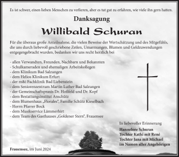 Traueranzeige von Willibald Schuran von Südthüringer Presse