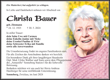 Traueranzeige von Christa Bauer von Südthüringer Presse