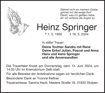 Traueranzeige von Heinz Springer von Frankenpost