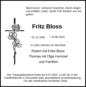 Traueranzeige von Fritz Bloss von Frankenpost