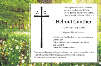 Traueranzeige von Helmut Günther von Frankenpost