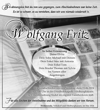 Traueranzeige von Wolfgang Fritz von Südthüringer Presse