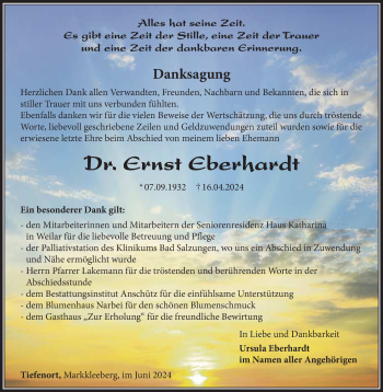 Traueranzeige von Ernst Eberhardt von Südthüringer Presse