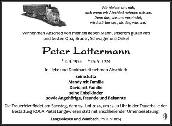 Traueranzeige von Peter Lattermann von Südthüringer Presse