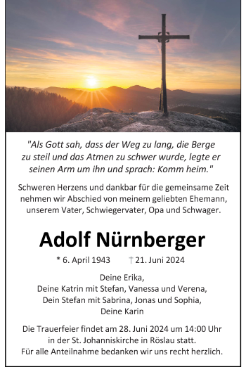 Traueranzeige von Adolf Nürnberger von Frankenpost