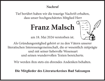 Traueranzeige von Franz Malsch von Südthüringer Presse