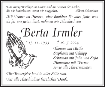 Traueranzeige von Berta Irmler von Frankenpost