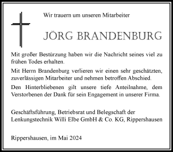Traueranzeige von Jörg Brandenburg von Südthüringer Presse