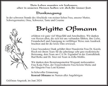 Traueranzeige von Brigitte Oßmann von Südthüringer Presse