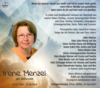 Traueranzeige von Irene Menzel von Südthüringer Presse
