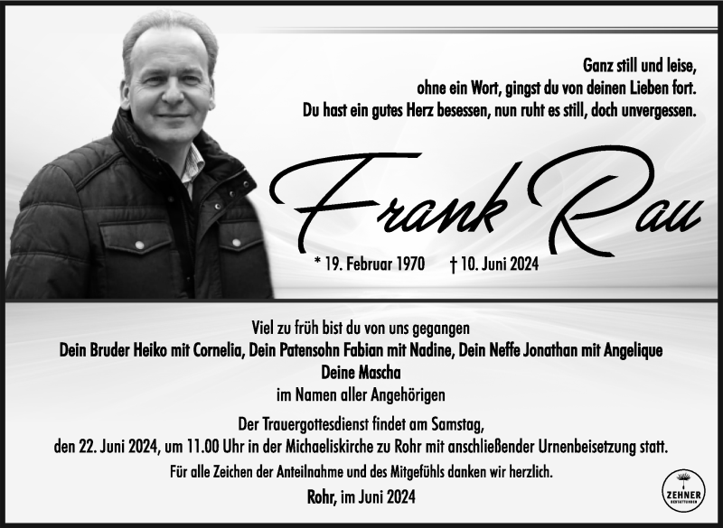  Traueranzeige für Frank Rau vom 15.06.2024 aus Südthüringer Presse