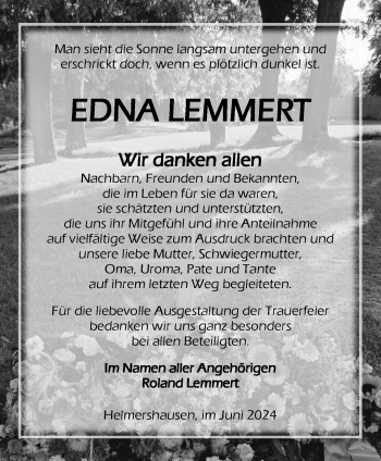 Traueranzeige von Edna Lemmert von Südthüringer Presse