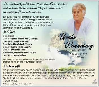 Traueranzeige von Ursula Wonneberg von Südthüringer Presse
