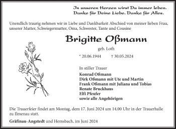 Traueranzeige von Brigitte Oßmann von Südthüringer Presse