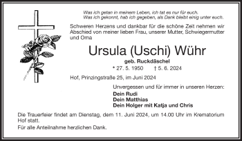 Traueranzeige von Ursula Wühr von Frankenpost