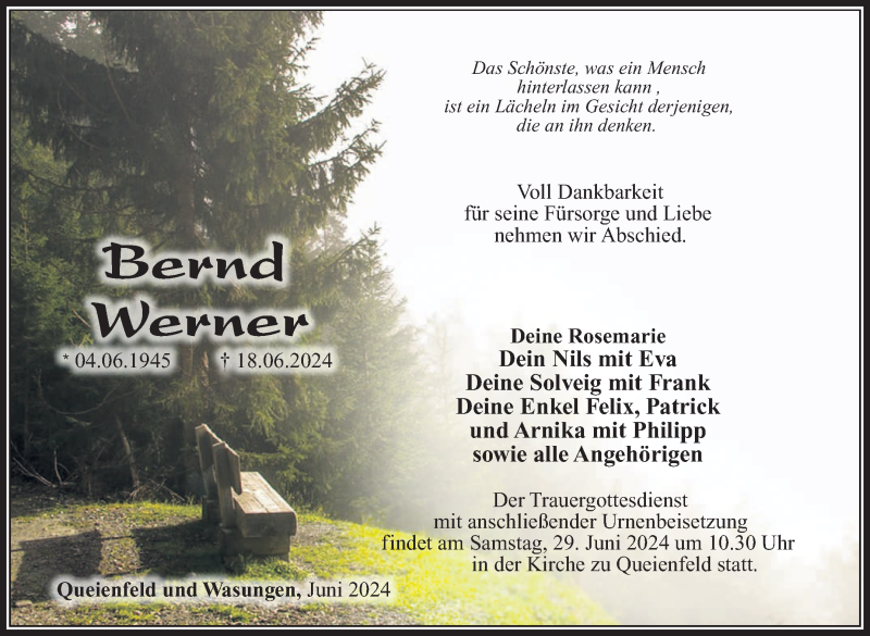  Traueranzeige für Bernd Werner vom 27.06.2024 aus Südthüringer Presse