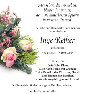 Traueranzeige von Inge Rether von Südthüringer Presse