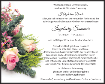 Traueranzeige von Ingeborg Sommer von Südthüringer Presse