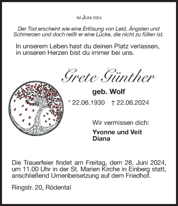 Traueranzeige von Grete Günther von Neue Presse Coburg