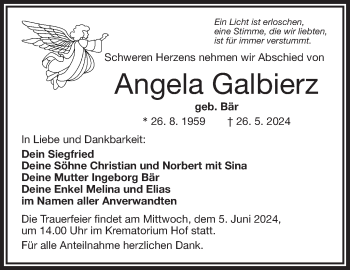 Traueranzeige von Angela Galbierz von Frankenpost
