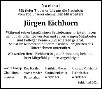 Traueranzeige von Jürgen Eichhorn von Südthüringer Presse