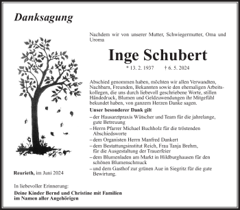 Traueranzeige von Inge Schubert von Südthüringer Presse