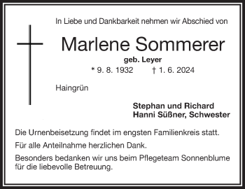 Traueranzeige von Marlene Sommerer von Frankenpost