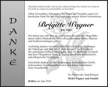 Traueranzeige von Brigitte Wagner von Südthüringer Presse