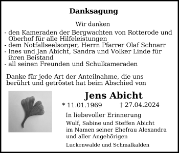 Traueranzeige von Jens Abicht von Südthüringer Presse