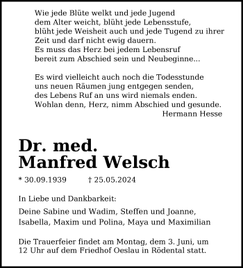 Traueranzeige von Manfred Welsch von Südthüringer Presse