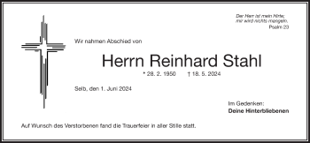 Traueranzeige von Reinhard Stahl von Frankenpost