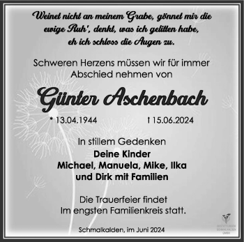 Traueranzeige von Günter Aschenbach von Südthüringer Presse