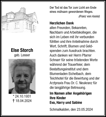 Traueranzeige von Else Storch von Südthüringer Presse