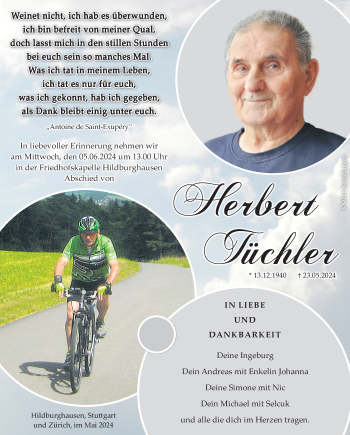 Traueranzeige von Herbert Tüchler von Südthüringer Presse