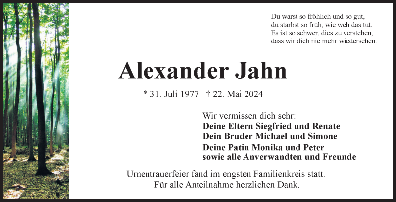  Traueranzeige für Alexander Jahn vom 15.06.2024 aus Frankenpost