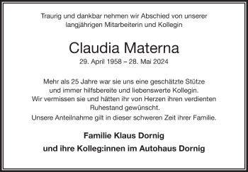 Traueranzeige von Claudia Materna von Frankenpost