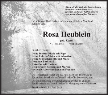 Traueranzeige von Rosa Heublein von Südthüringer Presse
